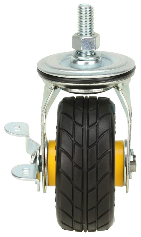 Hardcore Durable 4 X 2 Inch Wide Caster Wheels With Parking Brake 2 Pack, featuring robust rubber tread and metal mount.