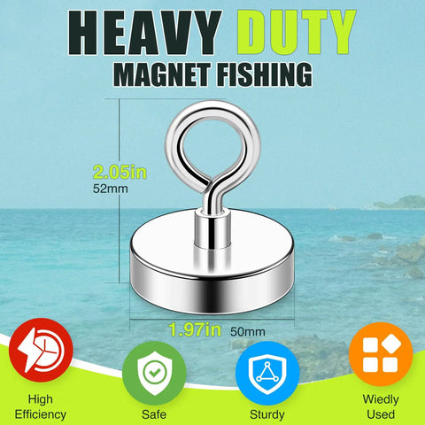 Beefy Neodymium Fishing Magnet With 300 Lbs Pull, 50mm diameter, countersunk hole eyebolt, ideal for river retrieval and salvage