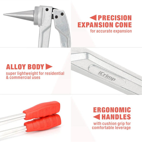 Close-up of F1960 PEX A Expansion Tool features, showing precision cone, alloy body, and ergonomic handles for PEX connections.