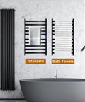 Ten Bar Heated Towel Rack For Bathroom No Fuss Wall Mount Towel Warmer With Timer And Temperature Control Plug In Electric Bath Heater Fast Safe Carbon Fiber Heating Matte Black Finish displayed on wall in bathroom