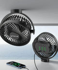 Portable Magnetic Cruise Fan With 12000mAh Battery Three Speed Settings Led Lantern And Digital Timer on a surface near the sea.