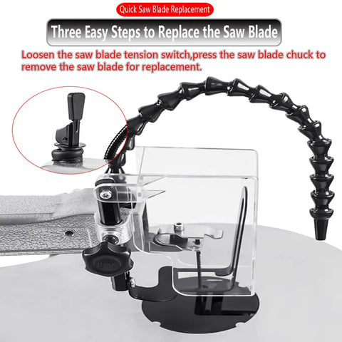 Heavy Hitter 16 Inch Jigsaw With Variable Speed And Led Light, showing quick blade replacement mechanism and tension switch details.