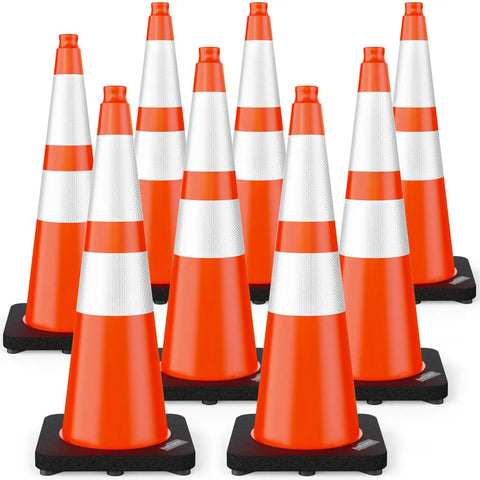 Eight Pack 28 Inch Orange Traffic Cones With Black Weighted Base Reflective Collar PVC Safety Cone For Traffic Control On Construction Sites Road Work Parking Lots Driveways And Events