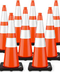 Eight Pack 28 Inch Orange Traffic Cones With Black Weighted Base Reflective Collar PVC Safety Cone For Traffic Control On Construction Sites Road Work Parking Lots Driveways And Events
