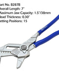 Adjustable Pliers Wrench With Smooth Parallel Jaws And SAE And Metric Scales, 7-inch length, blue handles, 15 positions
