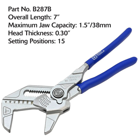 Adjustable Pliers Wrench With Smooth Parallel Jaws And SAE And Metric Scales, 7-inch length, blue handles, 15 positions
