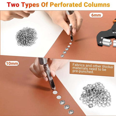Using Interchangeable Double Head Grommet Kit Pro Grade With Three Eighths Inch And One Quarter Inch Dies on fabric, close-up view