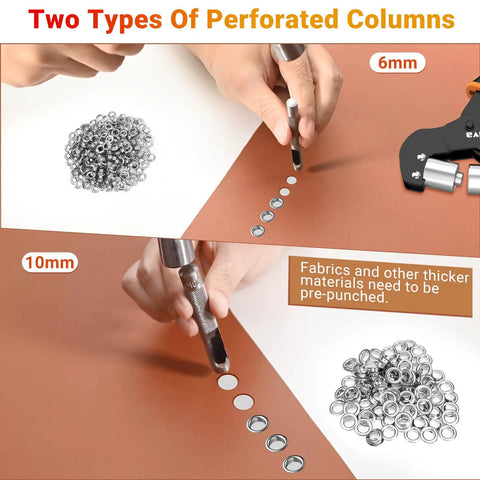 Using 3/8 Inch Grommet Tool Kit With Portable Handheld Hole Punch Pliers on fabric, showing 6mm and 10mm options with silver grommets.