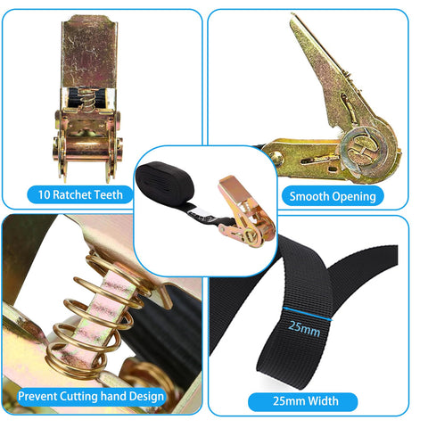 Endless Ratchet Straps No Hook Nylon Tie Downs for Motorcycles and Kayaks, Built Tough Heavy Duty, close-up details shown.