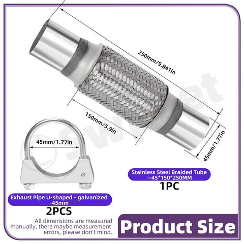 Heavy Duty Universal Stainless Steel Exhaust Flex Pipe Kit With 1.75 Inch Tube, Dual Braided Design, 6 Inch And 10 Inch Length Options