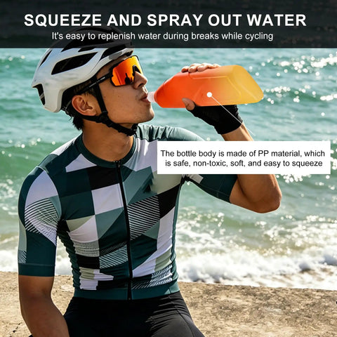 Aerodynamic Cycling Water Bottle 680ml Squeeze Flask Built For Stompin Pavement Effortless Sip Action Quick Hydration On The Fly Secure Handlebar Mount, use by cyclist on the beach.