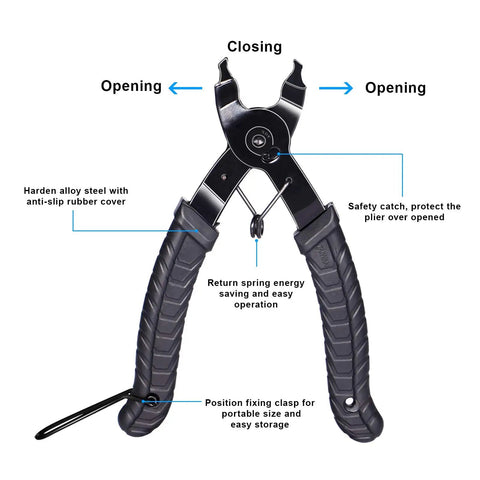 Close-up of link plier from Bike Chain Removal Tool and Repair Kit for Cyclists, Chain Breaker and Link Plier Set, Easy to Use Quick Fix for Broken Chains, Premium Tool Kit with Checker for Riders, showing features like safety catch and anti-slip grip.