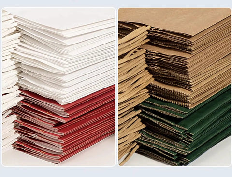 Stacked Custom Dope Design Paper Shopping Bags With Handles In Brown And White Six Sizes From S To XL Pack Of 10 To 1000 Personalized Kraft Paper Bags