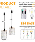 Battery Operated Chandelier With Acrylic Crystal Beads Waterproof Hanging Pendant Lights Dimmable Timer For Patio Decor Two Pack, showing remote and E26 bulb details.