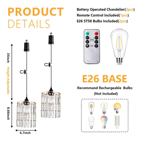 Battery Operated Chandelier With Acrylic Crystal Beads Waterproof Hanging Pendant Lights Dimmable Timer For Patio Decor Two Pack, showing remote and E26 bulb details.
