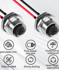 Close-up of two M12 2 Pin Female Connector Cable ACoded IP67 Waterproof Aviation Connector with features like gold plated pins.