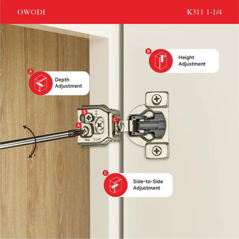 40 Pack Soft Close Cabinet Hinges for Face Frame Doors 1-1/4 Inch Overlay Concealed Hinges, showing depth, height, and side adjustments