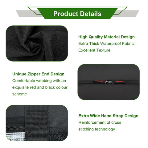 Product details of Grill Tool Organizer Bag For 24 Inch Spatulas Tongs And More showing material design, zipper, and strap details.