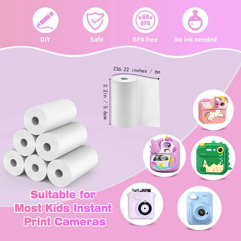 Kids Instant Print Camera Paper Refills 16 Rolls White Thermal Paper For Photo Printer, 236.22 inches