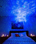 Sky Lite LED Laser Star Projector With Green Stars And Blue Nebula Cloud casting lights in a bedroom atmosphere