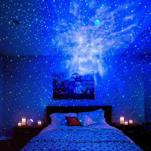Sky Lite LED Laser Star Projector With Green Stars And Blue Nebula Cloud casting lights in a bedroom atmosphere