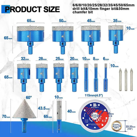 Diamond Tile Hole Saw Kit With Pilot Bit And Chamfer Blade For Porcelain Ceramic Stone Marble Dry Diamond Core Bits With Triangle Shank And A Wide Range Of Diameters From 6 To 65 mm Pro Grade For Quick Clean Holes size chart