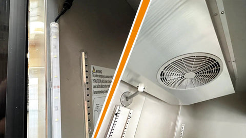 Interior view of Top Shelf Commercial 3 Door Reach In Refrigerator, Built Tough Stainless Steel with cooling fan and lighting.