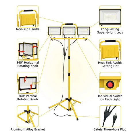 Diagram of Beast 21,000 Lumen Dual Head LED Work Light with Stand, showing features like non-slip handle, rotating knobs, and individual switches.