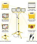 LED Work Light With Stand Dual Head 22,000 Lumens Waterproof Work Light With Independent On Off Switches USB And Socket 10.8 Ft Power Cord Adjustable Telescoping Tripod For Indoor And Outdoor showing design features
