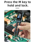 Hand using 10KHz Digital Tweezers Tester SMD Analyzer Multimeter with auto component recognition on circuit board