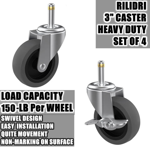 Three Inch Swivel Stem Caster Set Of Four For Rubbermaid Mop Buckets And Utility Carts With Seven Sixteenth Inch Stem Diameter