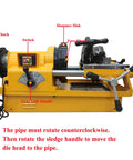 Heavy Lifter Electric Pipe Threader Machine showing gear shift handle, fore chuck, and rear chuck for precise operation.