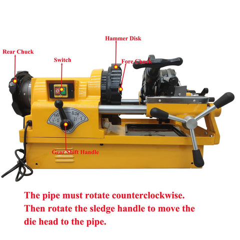 Heavy Lifter Electric Pipe Threader Machine showing gear shift handle, fore chuck, and rear chuck for precise operation.