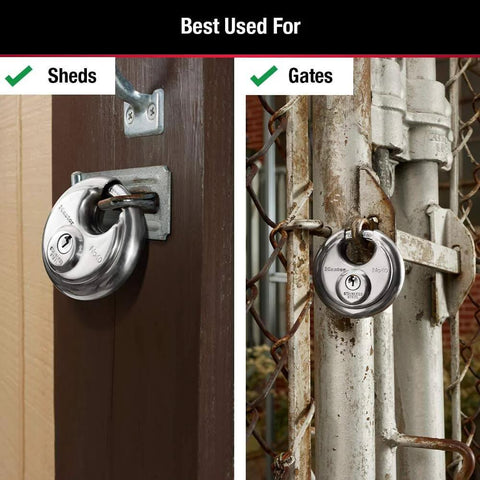 Stainless Steel Discus Padlock With Key Two And Three Quarter Inch Wide 40DPF shown on shed and gate for secure locking