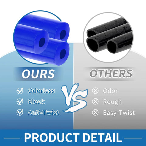 Comparison of high temp silicone vacuum tubing hose in blue versus others, highlighting benefits like odorless and anti-twist features.