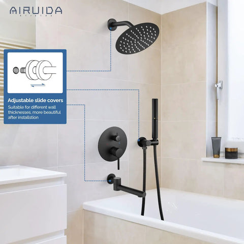 Matte Black Shower System With 8 Inch Round Rain Shower Head 3 Function Faucet Tub Spout Handheld Spray Rough In Valve in bathroom