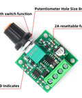 Top view of Low Voltage PWM Motor Speed Controller, featuring 2A resettable fuse and potentiometer with switch function, LED indicators