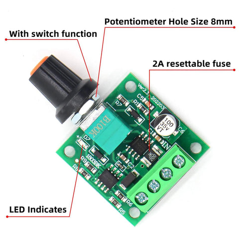 Top view of Low Voltage PWM Motor Speed Controller, featuring 2A resettable fuse and potentiometer with switch function, LED indicators