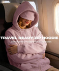 Person wearing Zip Up Hoodie With Built In Eye Mask And Multi Pockets For Travel Unisex Fleece Sweatshirt on airplane seat