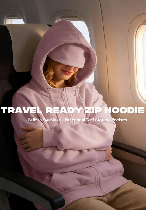 Person wearing Zip Up Hoodie With Built In Eye Mask And Multi Pockets For Travel Unisex Fleece Sweatshirt on airplane seat