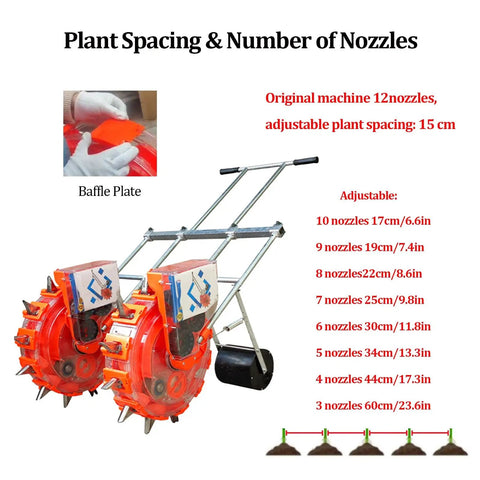 Hand Push Garden Seeder With Roller Seeders, Double Seed Action For Efficiency, showing 12 nozzles and adjustable spacing