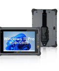 Built Like A Tank Eight Inch Windows 11 Pro Rugged Tablet With Intel Celeron N5100 Processor 8Gb Ram 128Gb Storage Military Grade Waterproof Job Site Ready Rig front and back view with stylus.