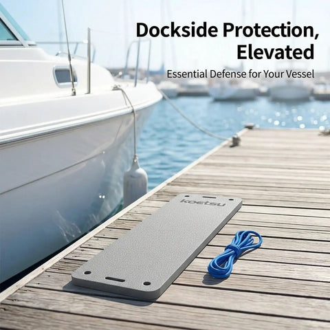 Premium EVA Foam Docking Cushion Protector for boats and yachts, water resistant guard, dockside on a wooden pier, with blue rope