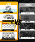 Front view: Nuepuxo 108-piece stainless steel flat washer set in 12 sizes (M3–M12) with labeled storage.