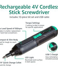 Go To 4V Cordless Stick Screwdriver With 10 Piece Bit Set USB C Charging Cable LED Light And 3 Torque Settings, features highlighted