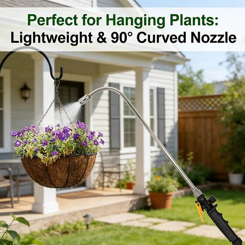 Stainless Steel Watering Wand Sprayer For Garden Hose used on hanging plant, showing 90 degree reach and lightweight design