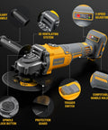 Rugged Brushless Cordless Angle Grinder 4 1/2 Inch With Variable Speed Dial, features auxiliary handle and protection guard.