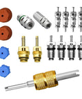 17 Piece Car Air Conditioning Valve Core Kit With Caps And Service Valves For R12 R134A Systems Universal AC Refrigeration Kit For Most Cars No Fuss Multicolor Durable Brass And Plastic Construction showing valve cores, caps, and tool.