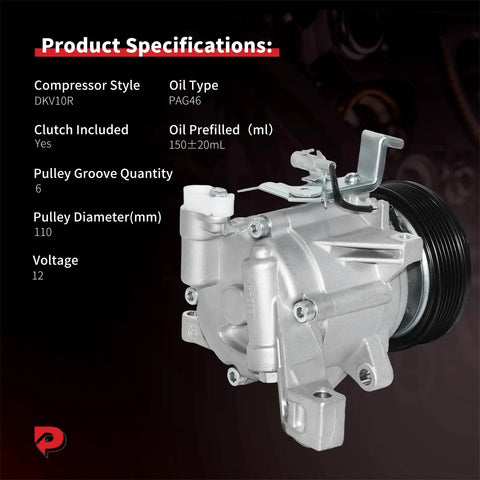 Built Tough Direct Swap Air Conditioning Compressor With Clutch Assembly For Subaru Forester Impreza Crosstrek showing specifications and design details.