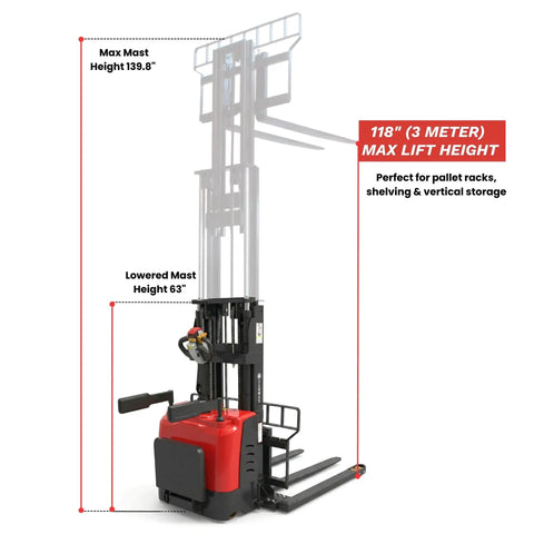 Fully Electric Pallet Stacker For Indoor Use Only, 3300 Lb Capacity, 118 Inch Lift Height, Walk Behind Warehouse Stacker